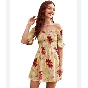 Topshop Off The Shoulder Smocked Floral Print Dress